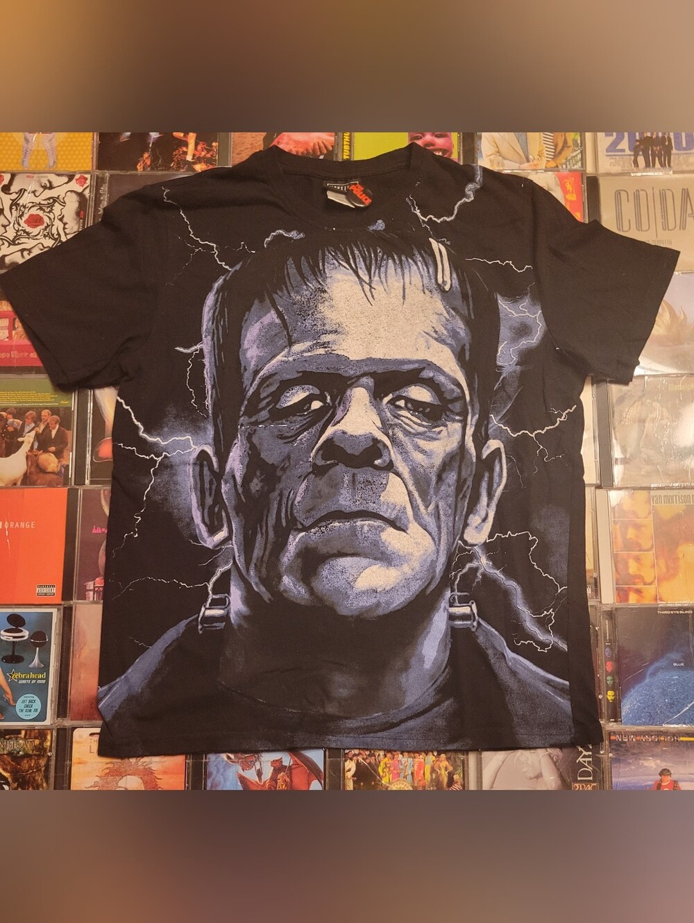 Men's Black Graphic Frankenstine Horror Tee - Lightning Portrait